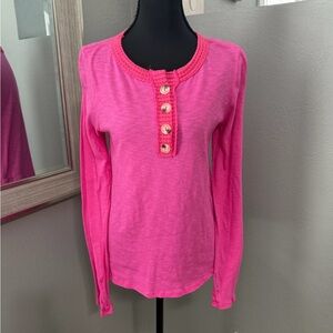Bibi Hot Pink Barbiecore Crochet Trim Henley Size Small.
